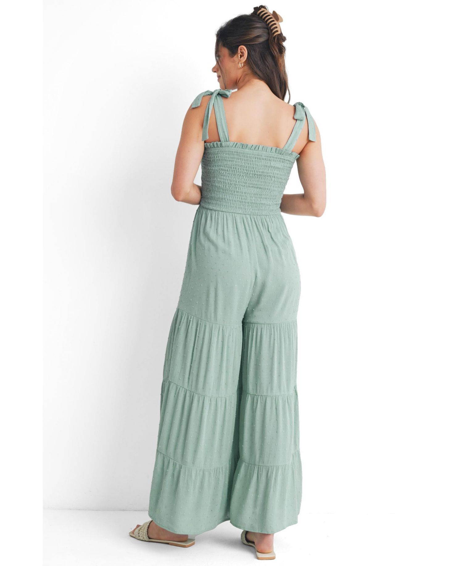 Maternity Sleeveless Smocked Wide Leg Jumpsuit with Tie Straps