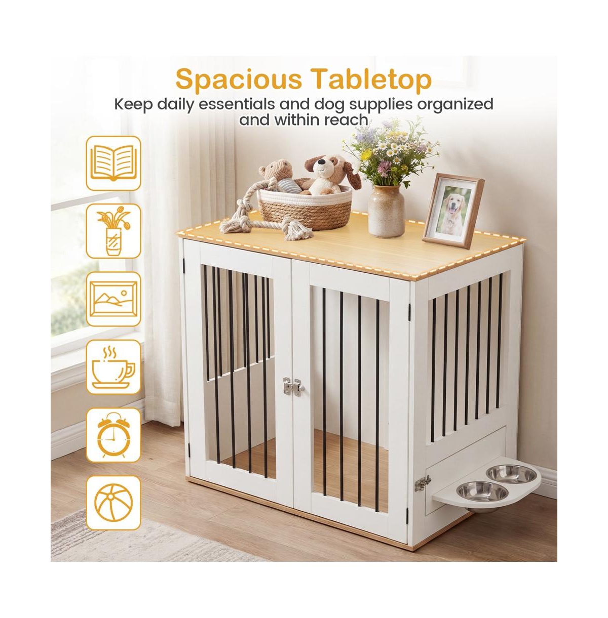 Ruie Wooden Dog Crate Furniture with Double Lock Doors and Rotating Feeder