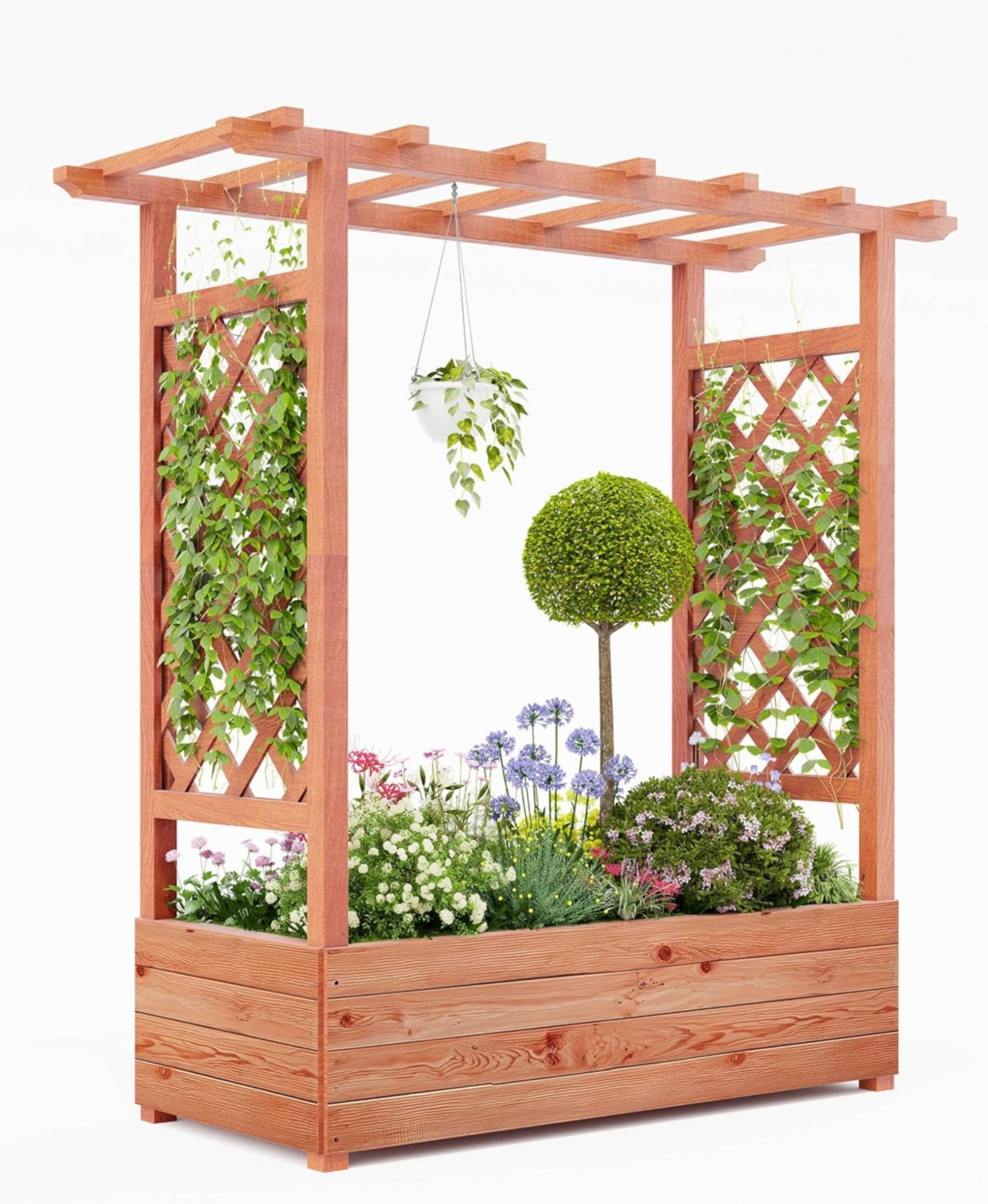 Xo 43"x17"x45" Elevated Garden Bed with Trellis, Wooden Planter Box with Roof for Climbing Plants Flowers, Outdoor Patio Garden