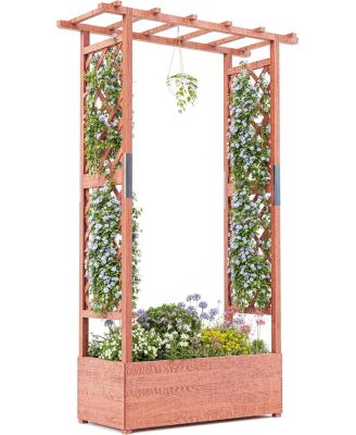 Elevated Wooden Garden Bed with Trellis and Roof, Planter Box with Drainage Holes for Climbing Plants Flowers Patio Deck