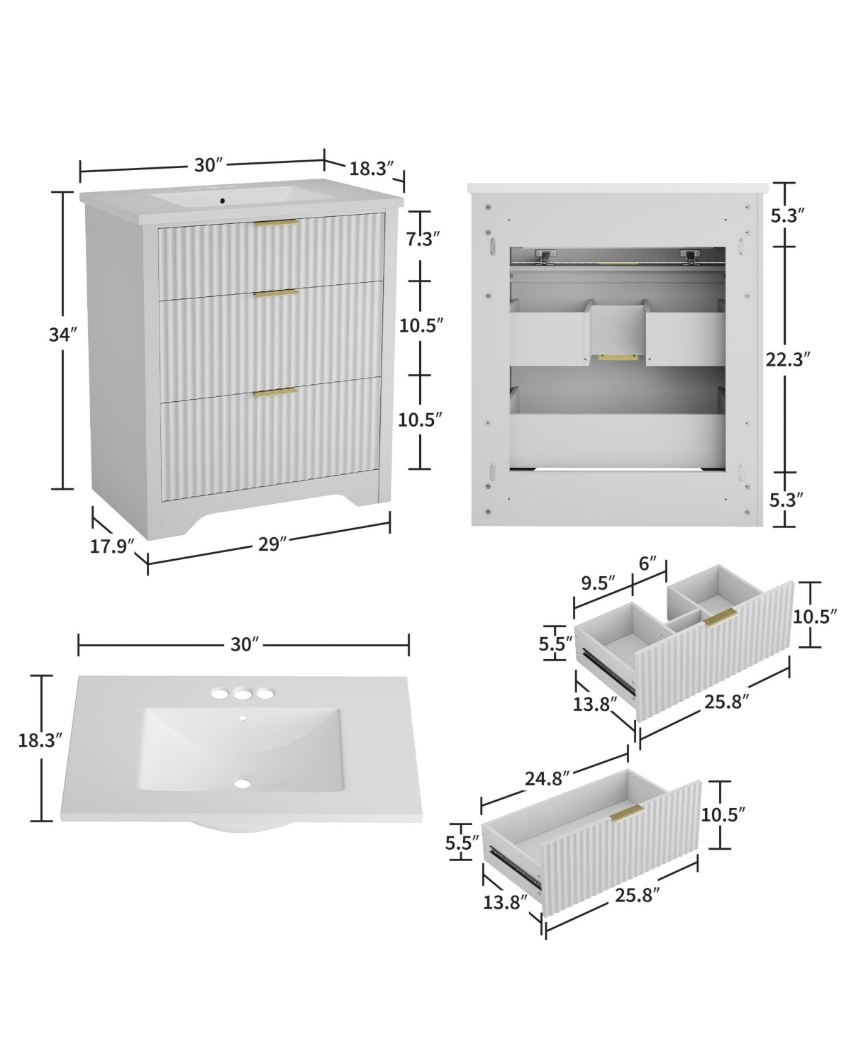 gaomon Fluted Bathroom Vanity with Ceramic Sink Freestanding Cabinet with Soft-Close Drawers and 1 Rotating-Down Drawer 30-Inch