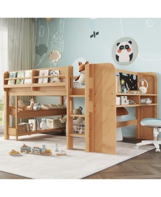  Solid Wood Low Loft Bed with Desk, Storage, and Blackboard