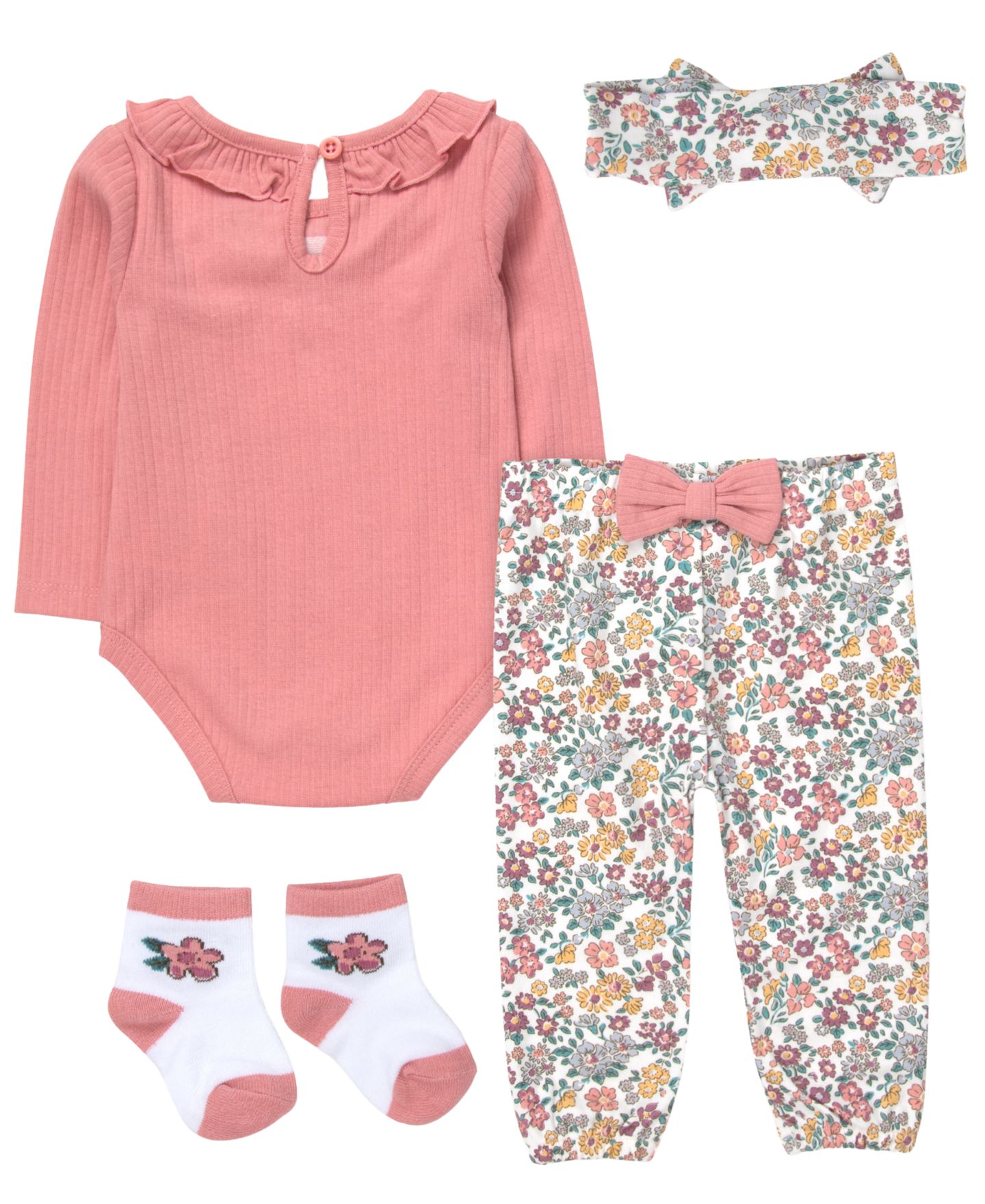 Комплекты Baby Essentials Long-Sleeve Bodysuit, Jogger Pant, Socks and Headband, 4-Piece Set для девочек-малышей, цвет: Розовый / Белый — фото 2