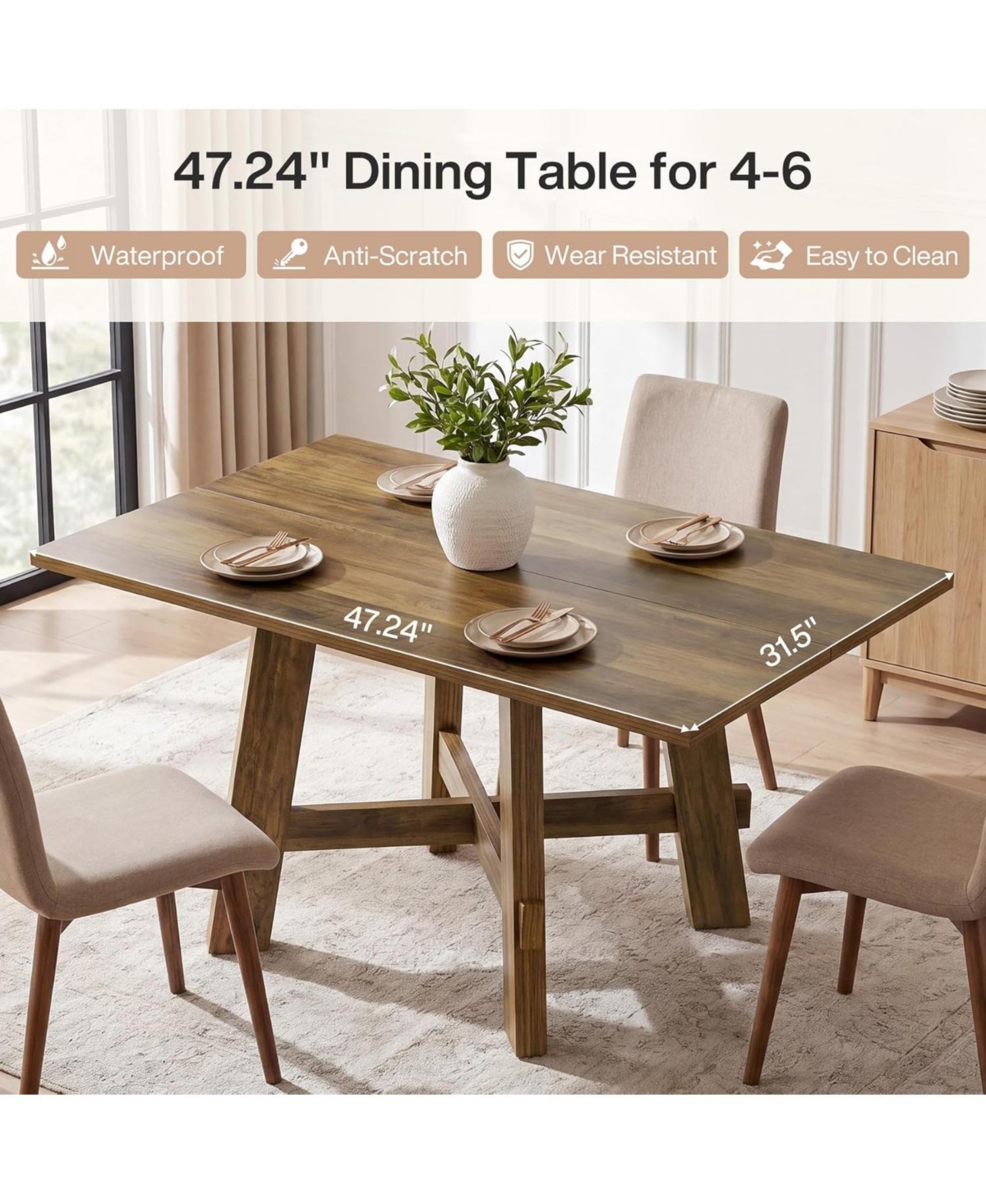 Tribesigns 47-Inch Dining Table for 4, Farmhouse Kitchen Table with Sturdy Legs and Cross Brace, Small Dinner Tables