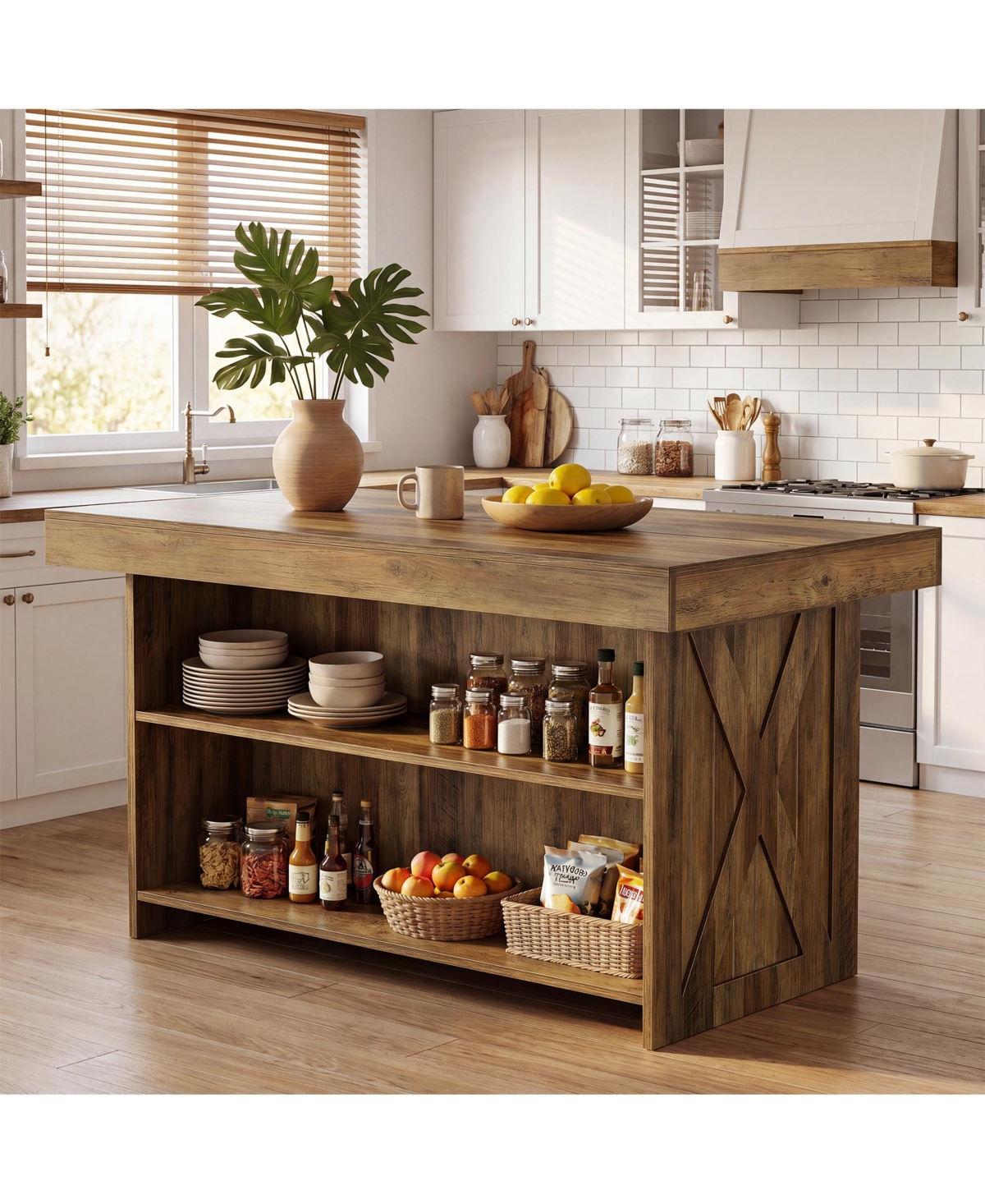 Tribesigns 55.12-Inch Kitchen Island with Storage, Farmhouse Counter Height Island Table with 2-Tier Shelves for Kitchen Living Room