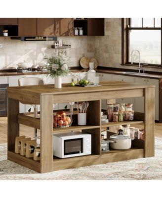 63" Kitchen Island with Storage, 3-Tier Farmhouse Wooden Stationary Island Table with Large Worktop and Leg Room, Coffee Bar Table