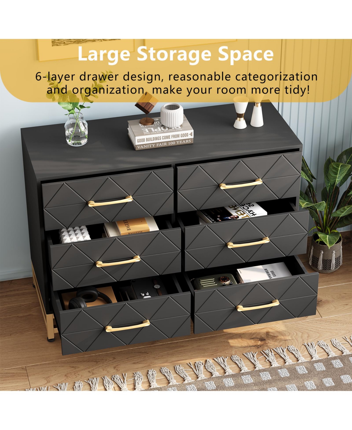 homfan 6-Drawer Dresser with Fabric Bins, Rattan Accent Storage Tower Tv Stand for 40" Tv, Bedroom, Closet, Hallway Organizer