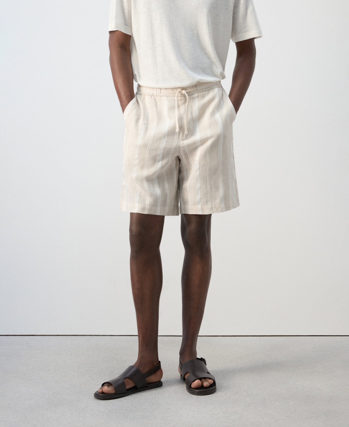 Mango Men's Striped Linen-Blend 8.54" Bermuda Shorts - Ecru