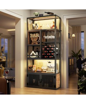 Tall Wine Bar Cabinet with LED Light and Charging Station, 7-Tier Wine Bar Cabinet