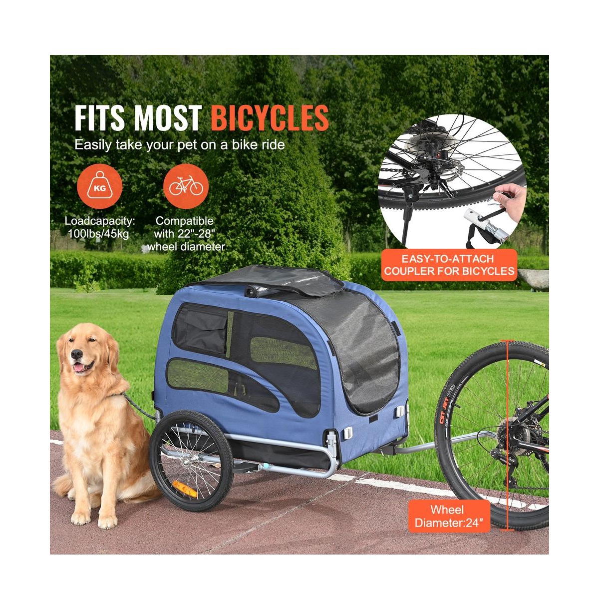 Ruie Foldable Dog Bike Trailer 100 lb Capacity 31.9 in Cabin Pet Bicycle Carrier
