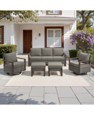 5Pieces Patio Furniture Set, Outdoor Wicker Sofa Couch with Metal Armrest, Swivel Rocking Chairs, Ottomans