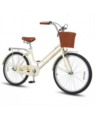 24-Inch Beach Cruiser Bike with Adjustable Seat Woven Basket and Rear Rack