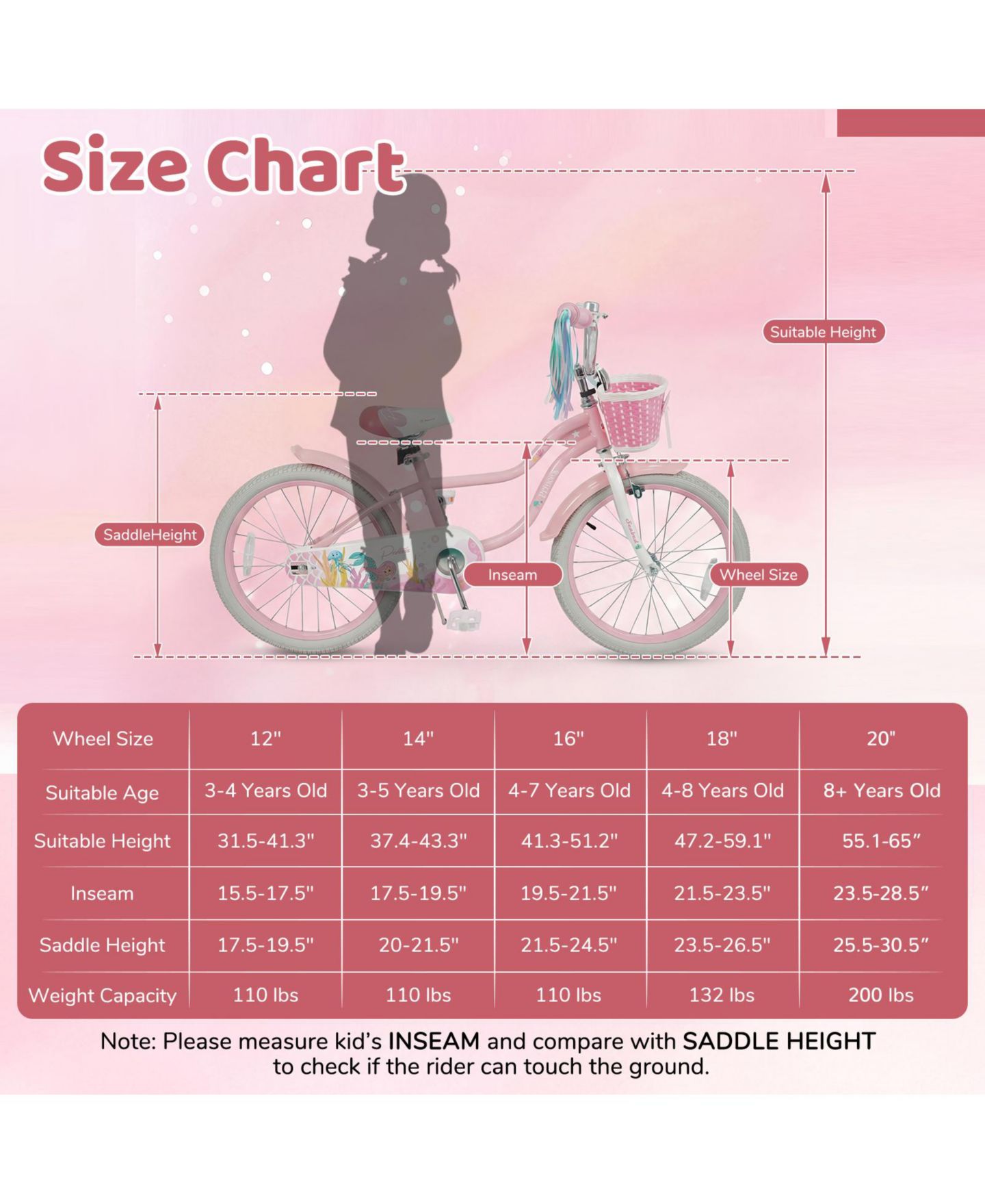 Детская игрушка Gymax Princess Seabed 20" Mermaid-Theme Coaster Brake Girls' Bike, Ages 8+, цвет: Розовый — фото 3