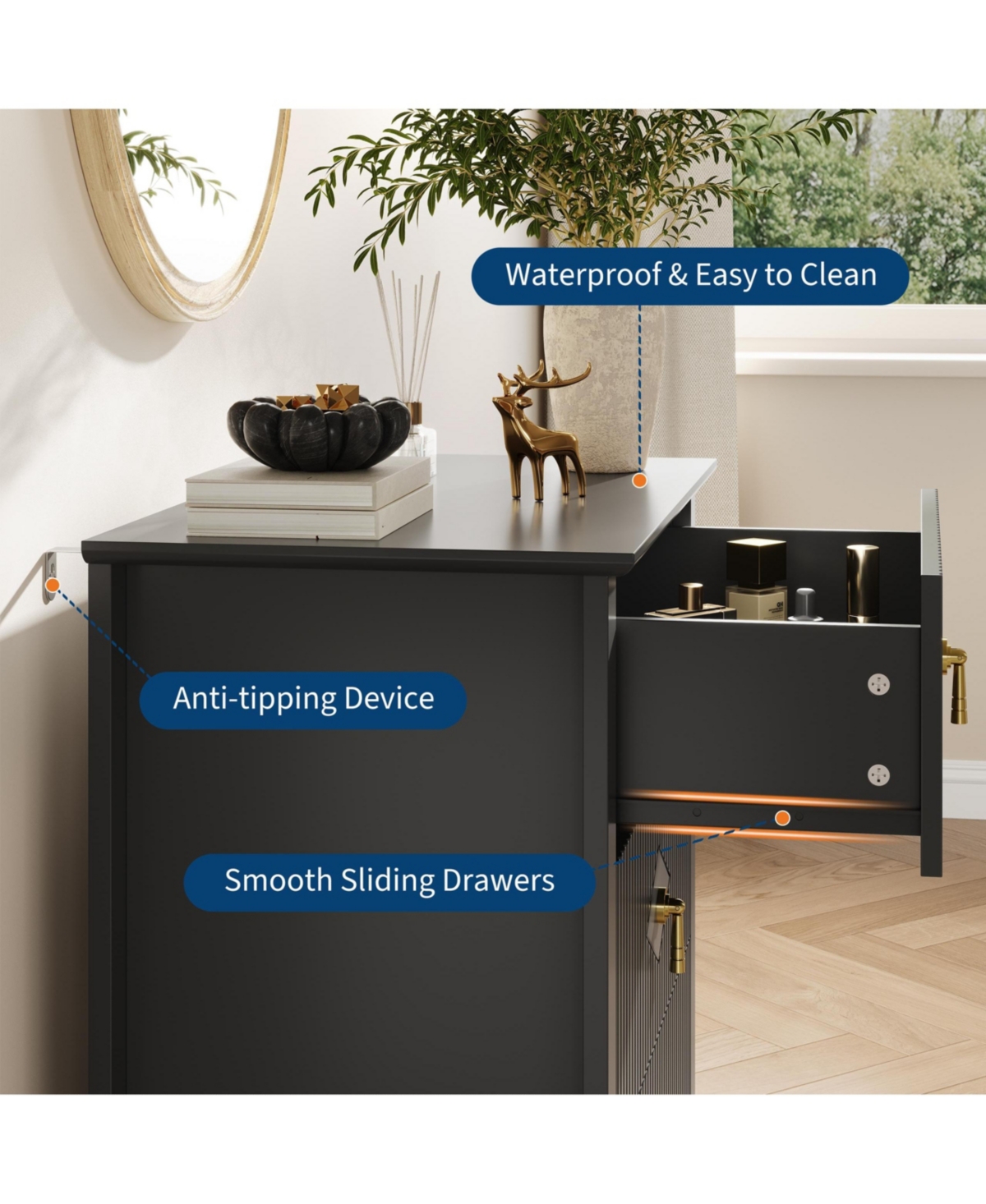homfan Fluted 3-Drawer Nightstand Dresser with Metal Handles, 27.5" Wide Storage End Table for Bedroom, Living Room, Hallway