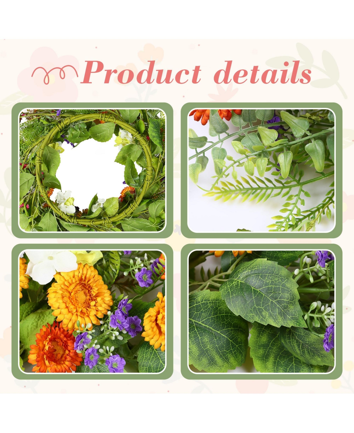 Gnuadz 18" Artificial Floral Wreath Green Leaves Daisies Home Decor