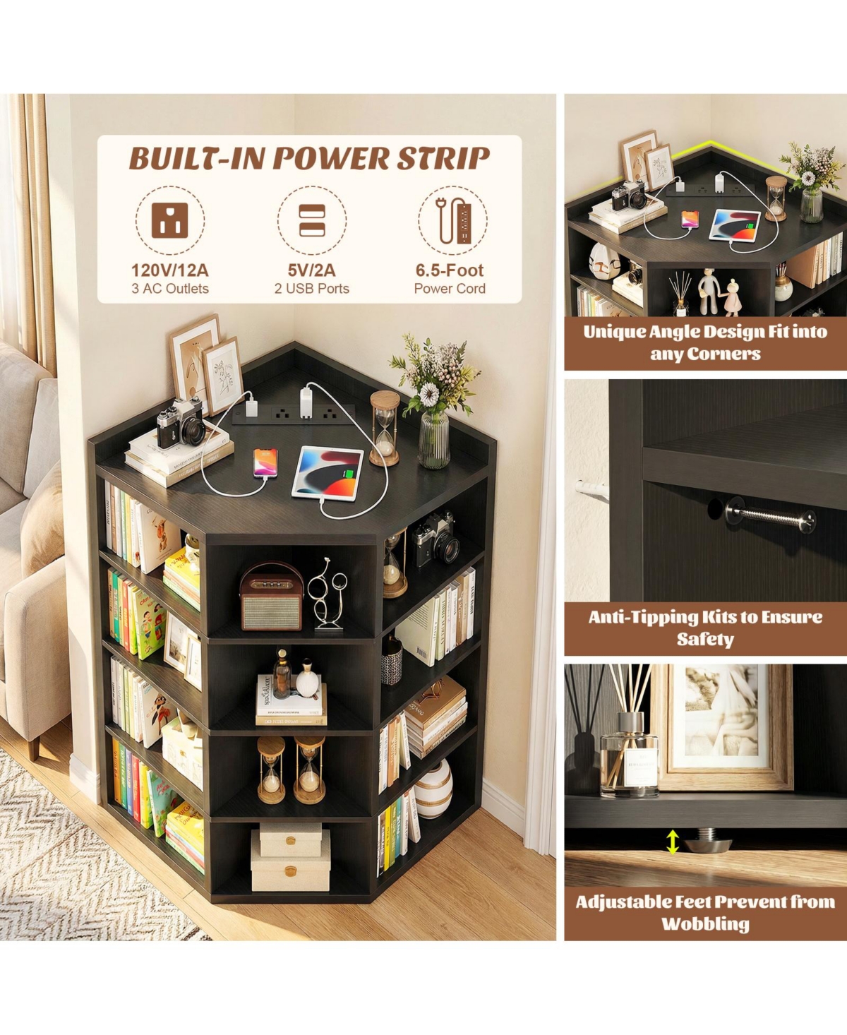 Aheaplus Corner Bookcase Cabinet with 18 Cubbies, Bookshelf Open Storage