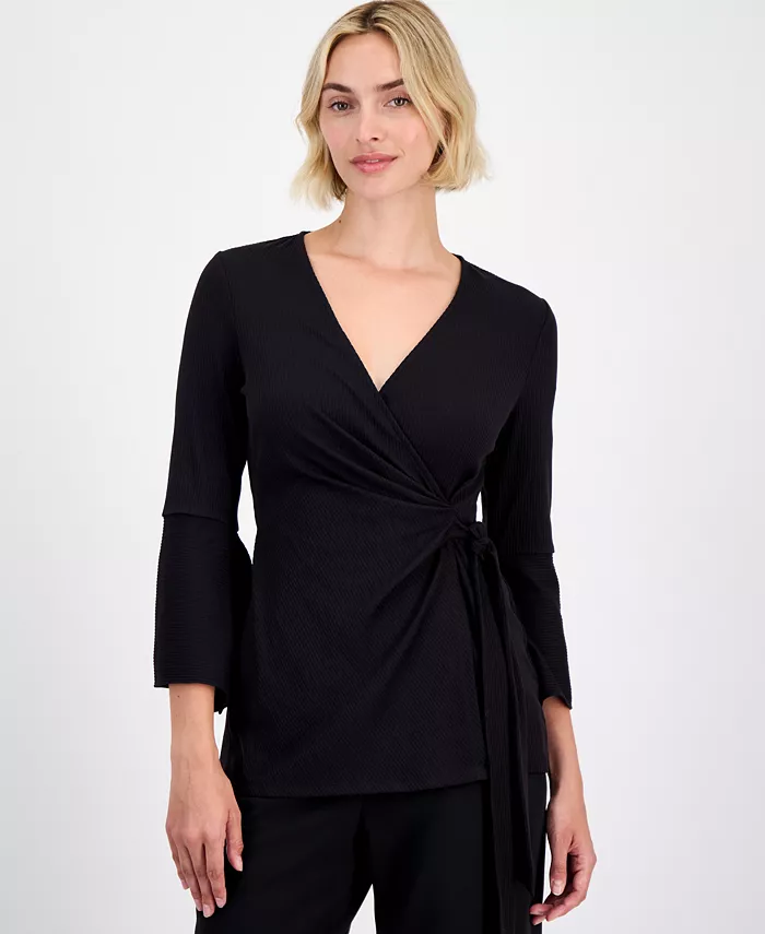 Women's Ribbed Surplice-Neck Wrap Top