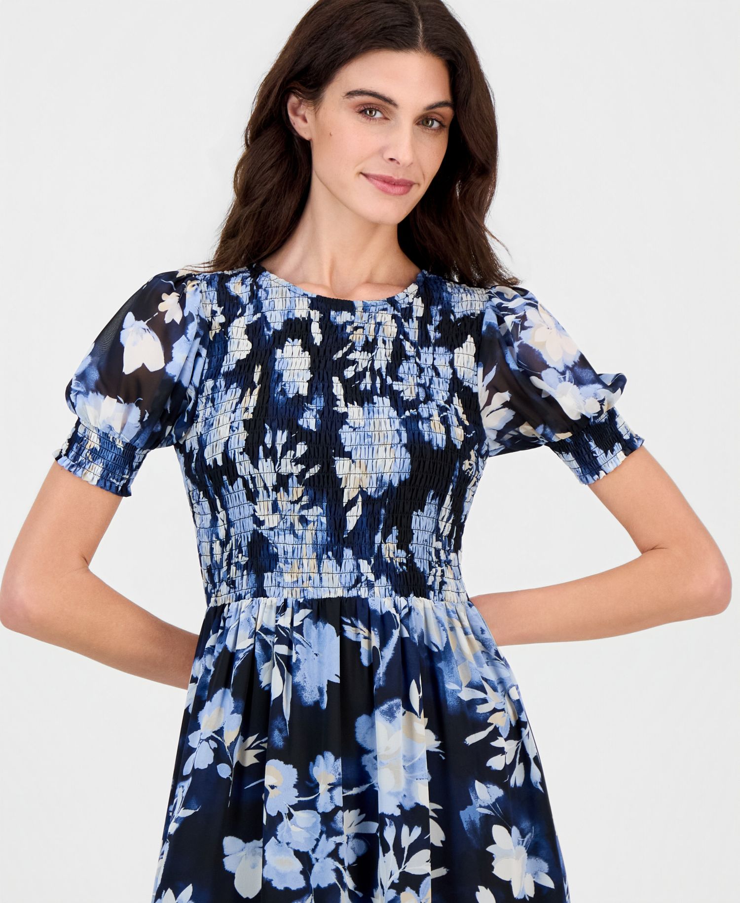 Women's Printed Puff-Sleeve Smocked Maxi Dress