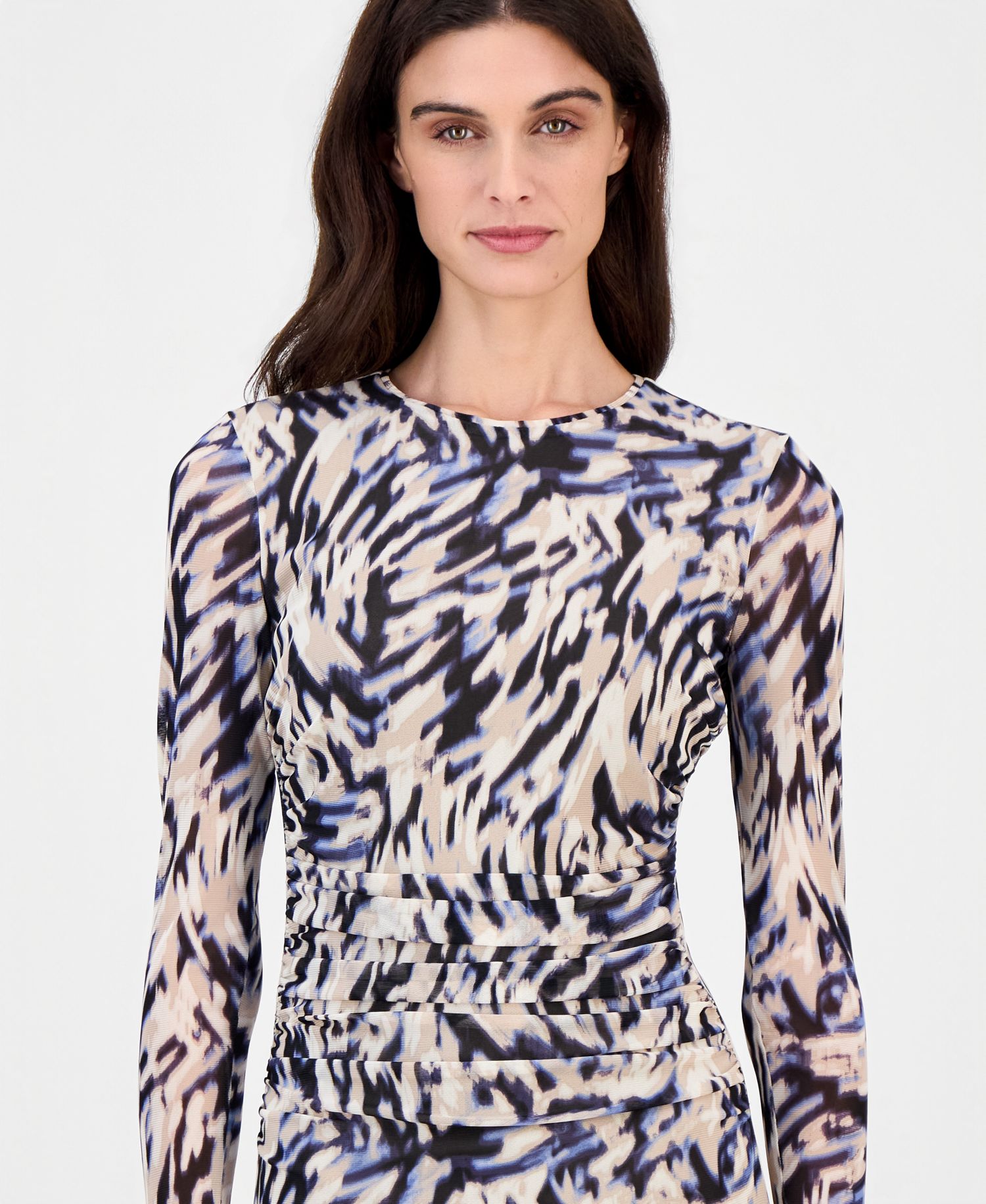 Women's Printed Shirred-Waist Long-Sleeve Midi Dress