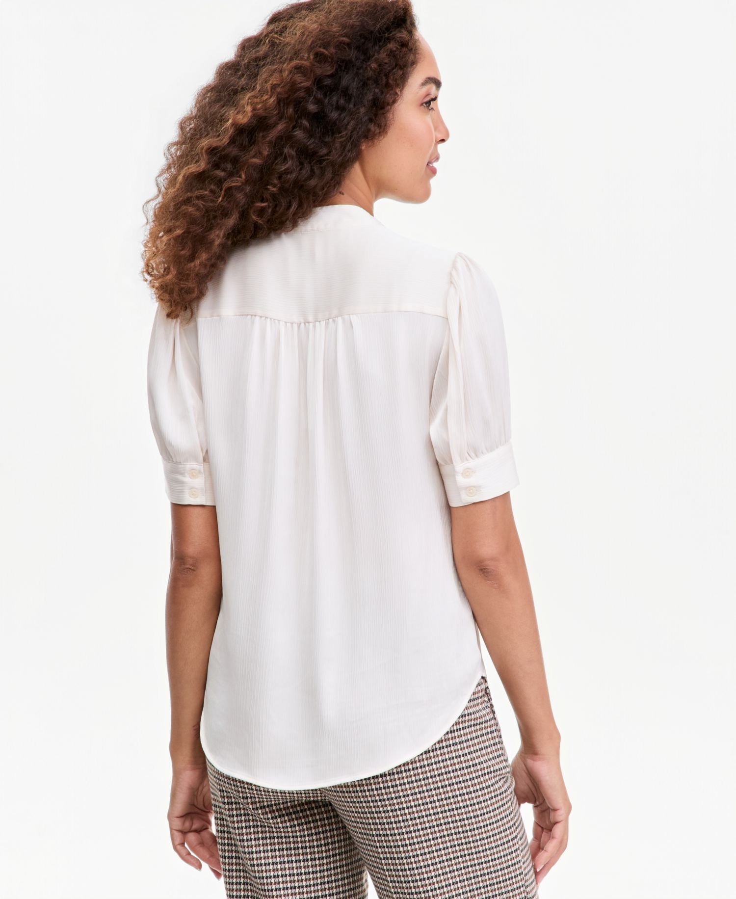 Petite Short Puff-Sleeve Y-Neck Blouse