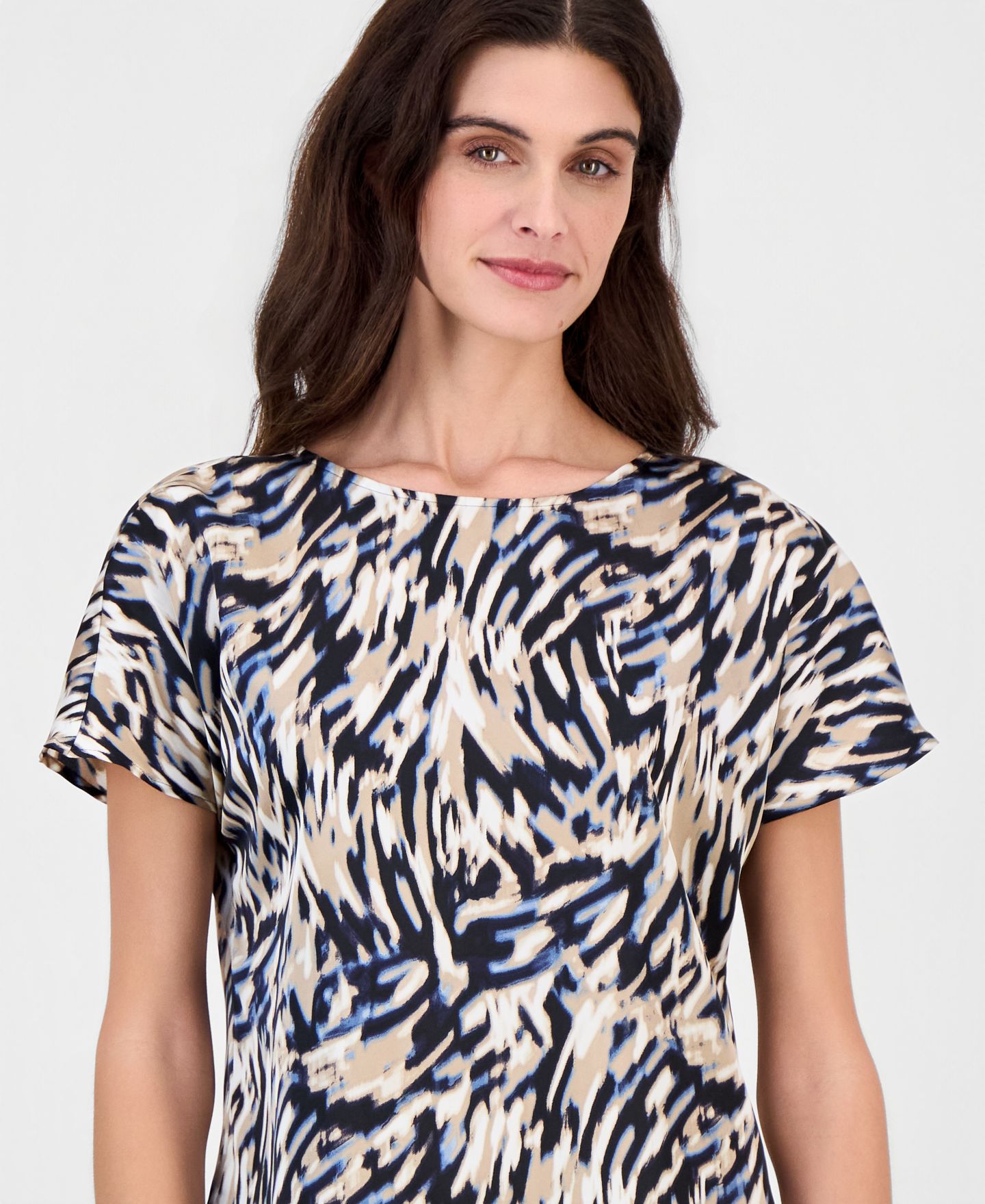 Женский топ Anne Klein Printed Boat-Neck Short-Sleeve Top, цвет: Синий разноцветный — фото 3