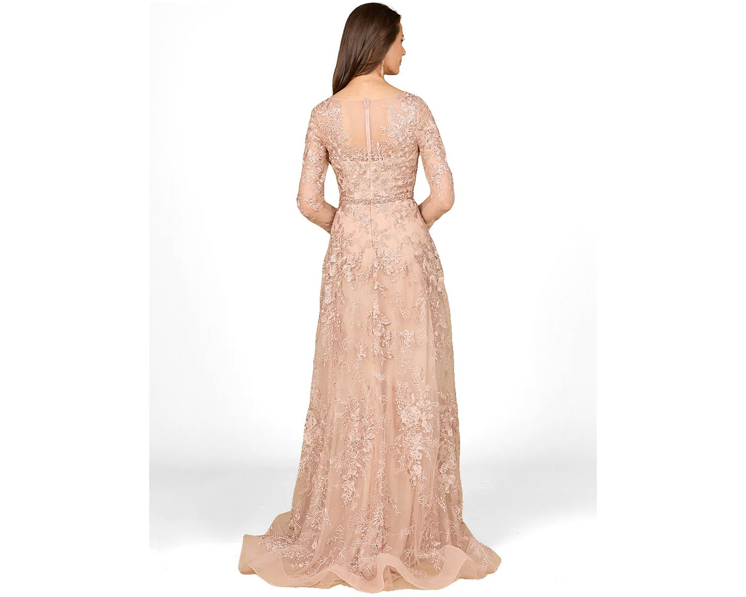 Women's Long Sleeve V-Neck Lace Gown with Beaded Belt