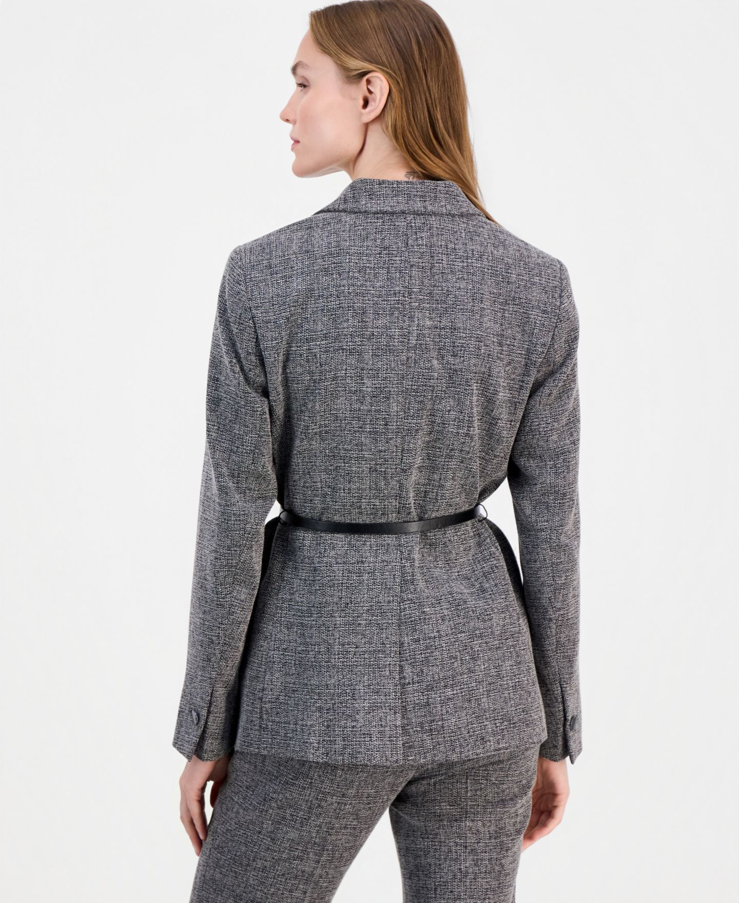 Женский пиджак Anne Klein Belted Notch-Collar Blazer, цвет: Чёрный / Белый — фото 2