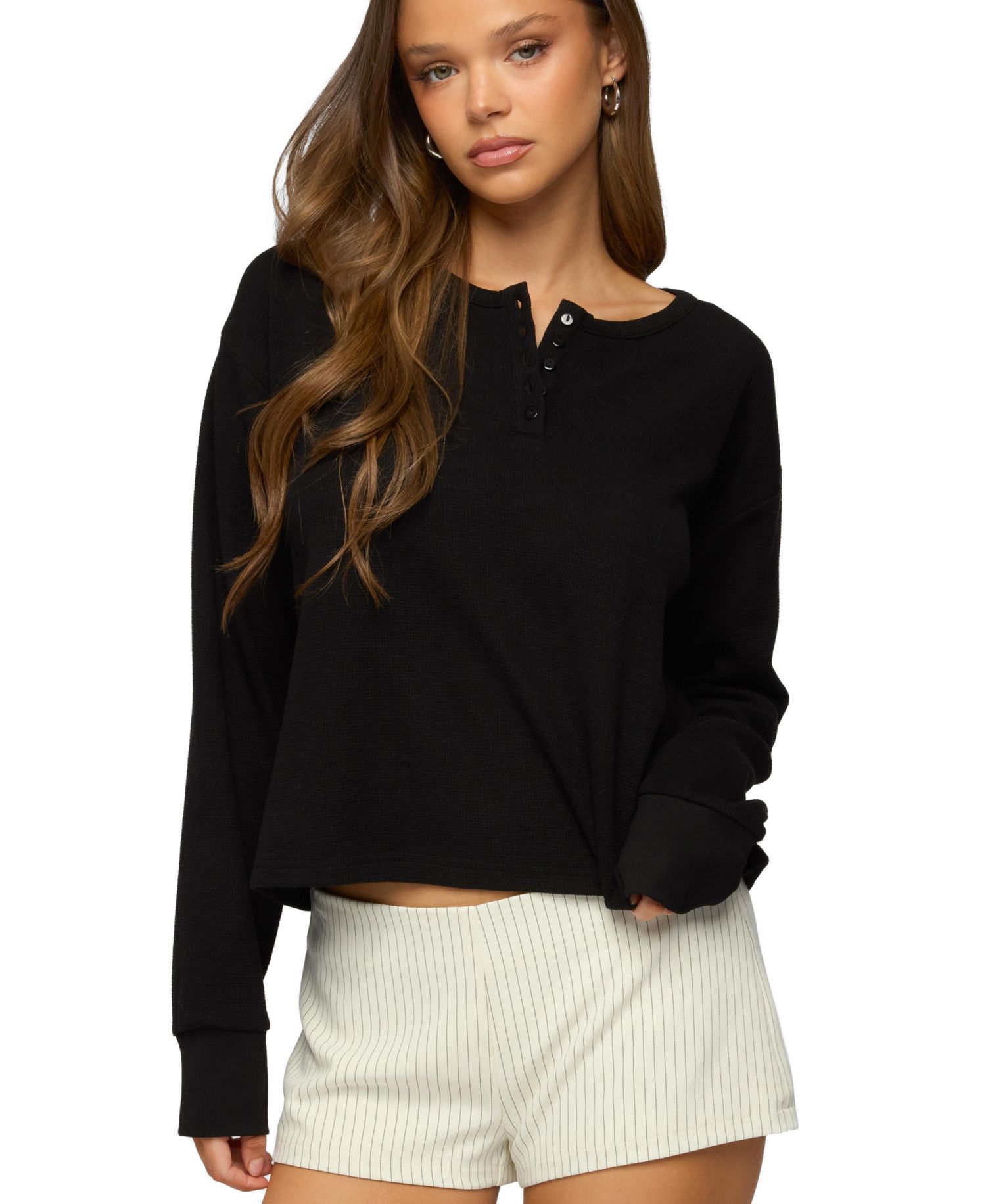 Women's Deni Long Sleeve Henley Waffle Top
