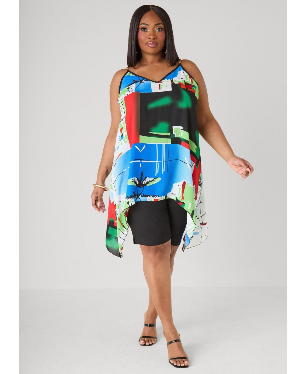 Ashley Stewart Women's Chain Trimmed Abstract Print Top