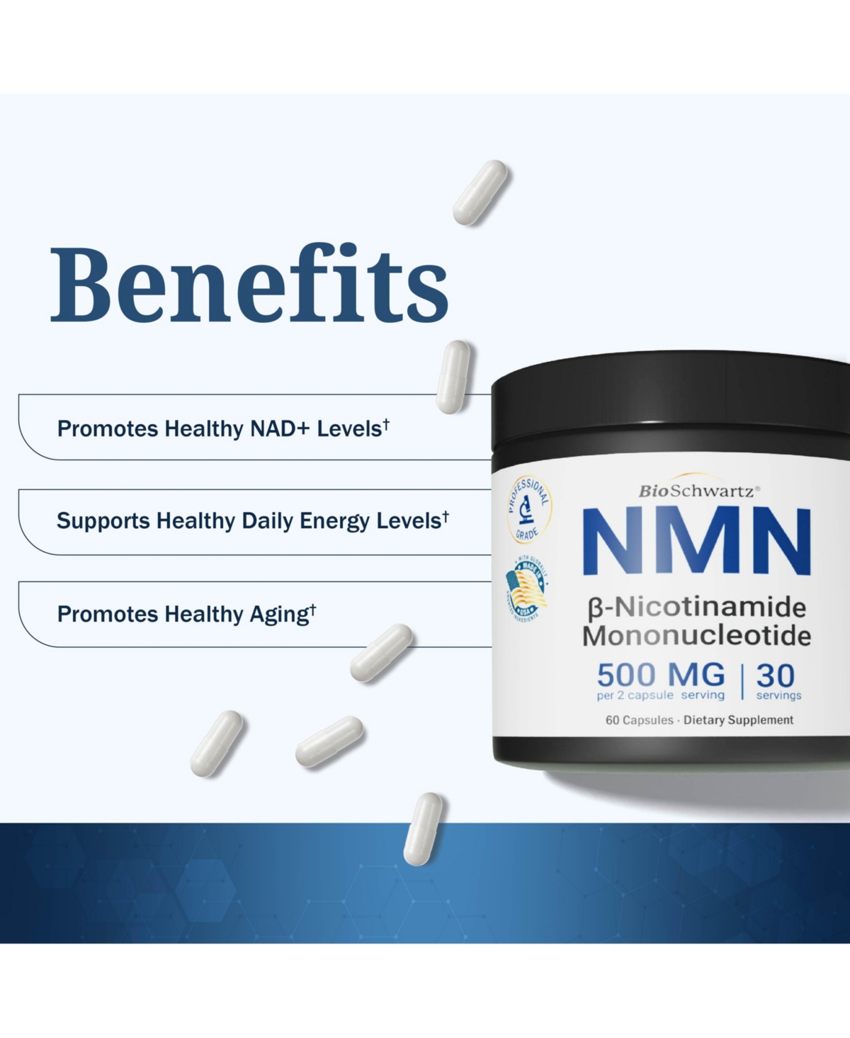 BioSchwartz Nmn Supplement 500 Milligram Nicotinamide Mononucleotide, 60 Capsules, Gluten Free, Third Party Tested