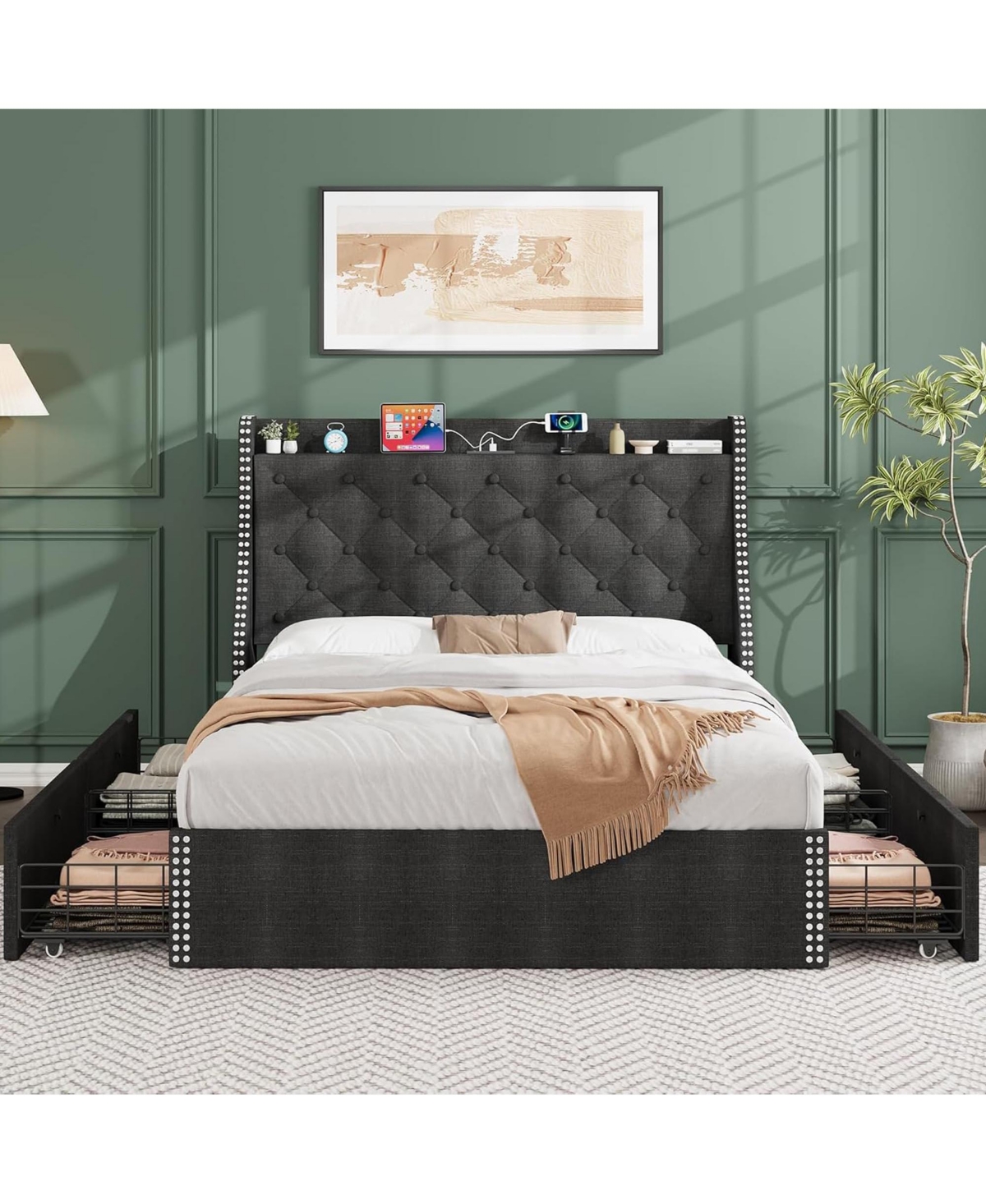 homfan Bed Frame with 4 Storage Drawers, Wingback Headboard, Charging Station, Wood Slat Support