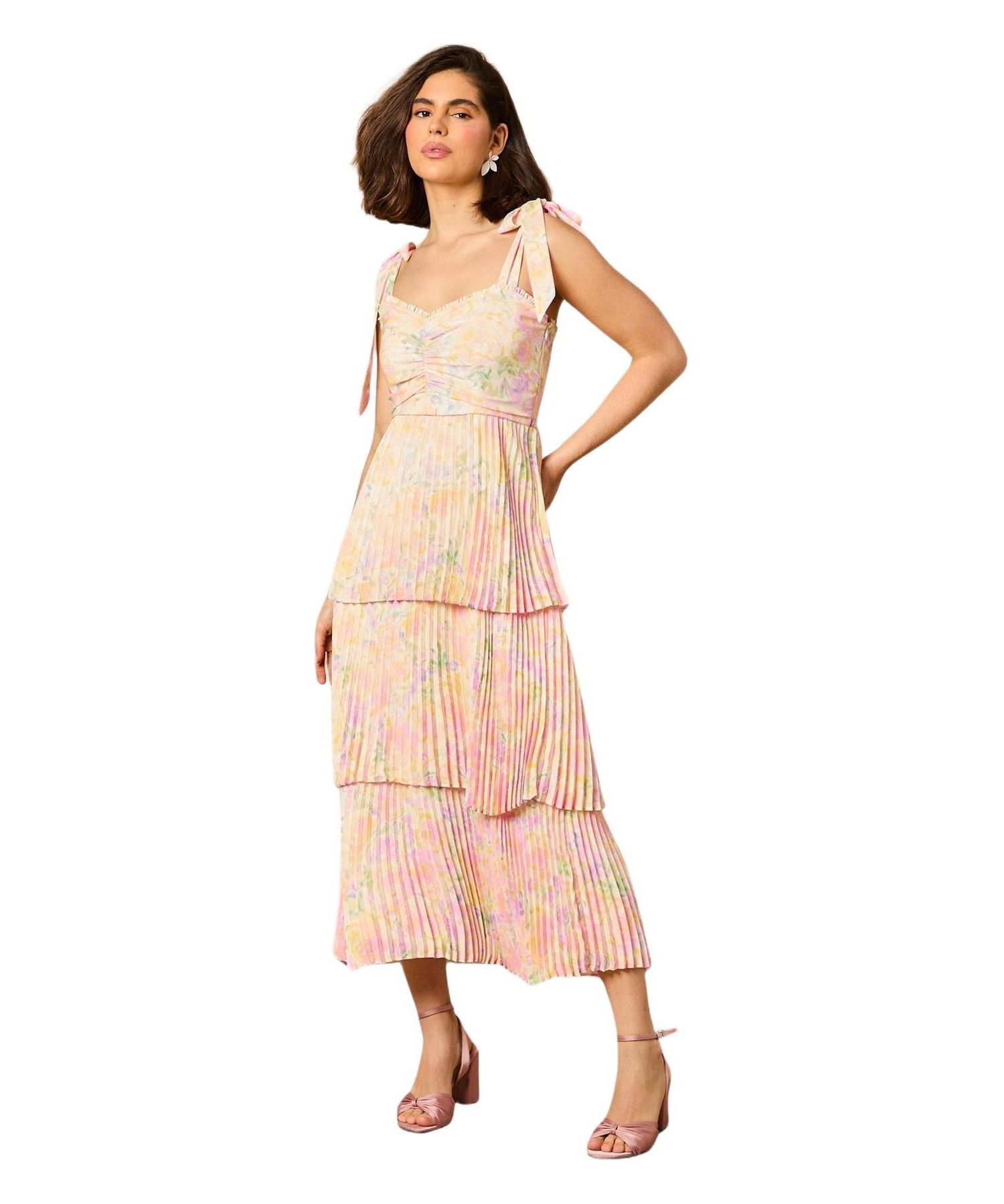 Women's Pleated Tie Shoulder Midi Dress