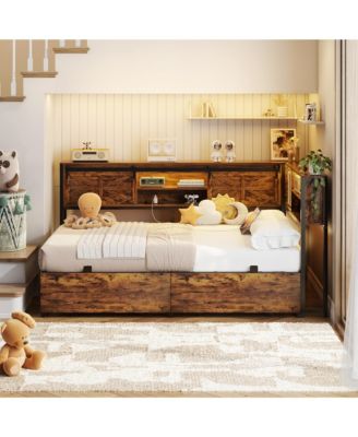Bookcase Daybed with Wood Drawer, Corner Bed Frame with Sliding Door