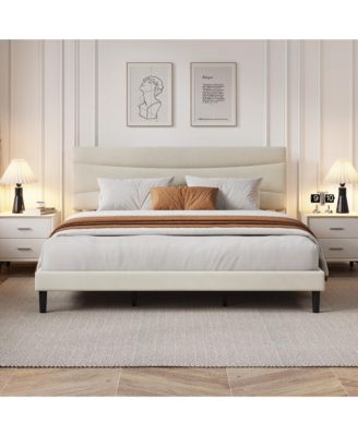 Upholstered Platform Bed Frame with Curved Headboard, Wood Slat Support, Underbed Storage, No Box Spring Needed