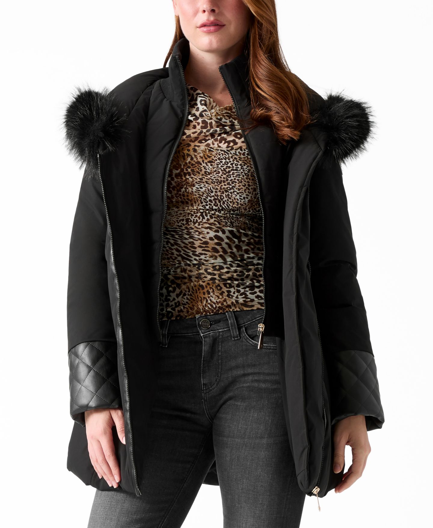 Женская куртка GUESS Pleather-Sleeve Detailed Faux-Fur Hooded Puffer, цвет: Чёрный — фото 4