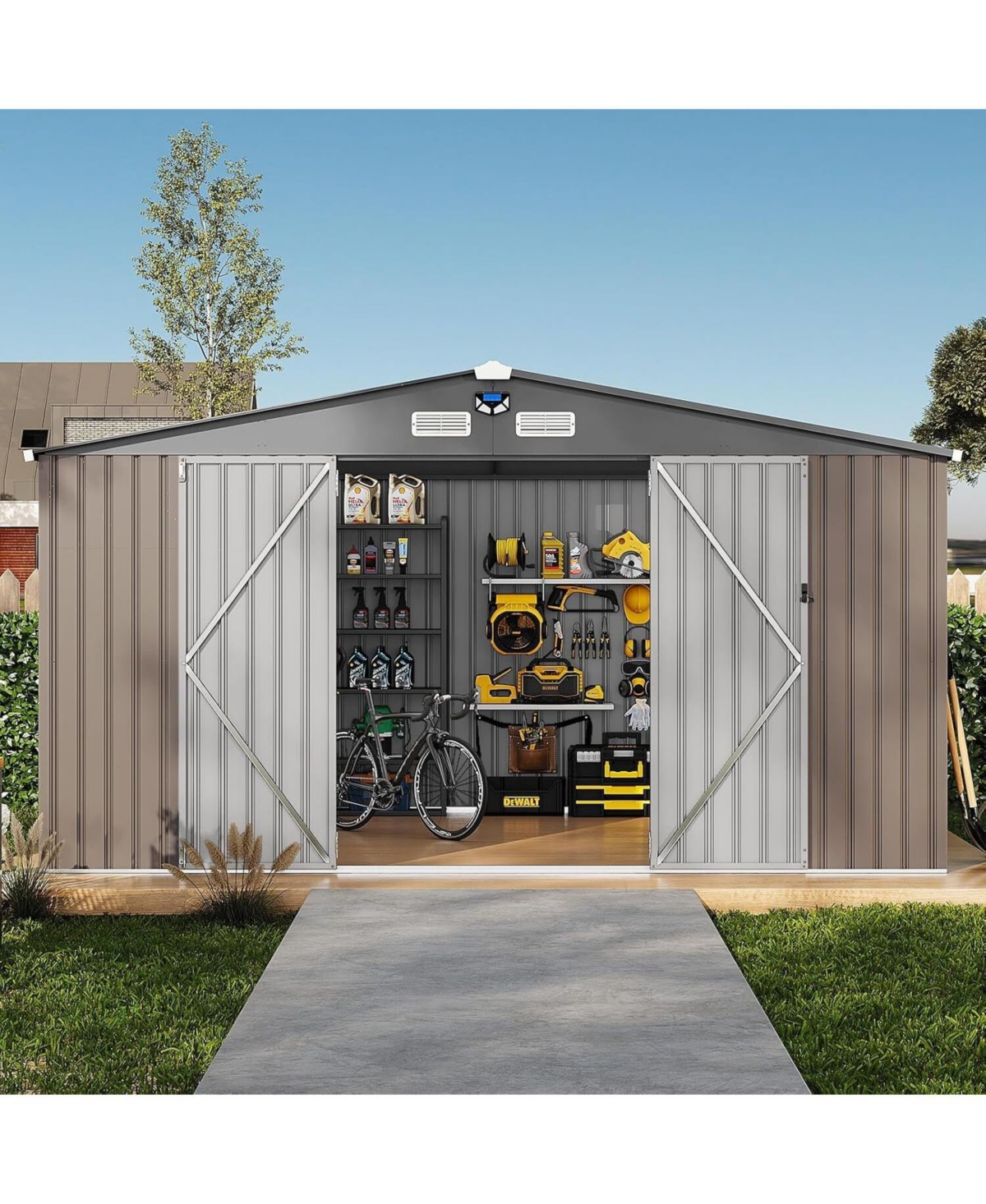 GarveeLife Outdoor Metal Storage Shed With Lockable Door Vents Windows And Integrated Solar Light For Enhanced Visibility