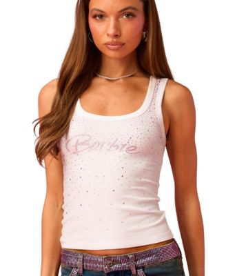 Womens Dreamy Barbie Rhinestone Ribbed Tank Top