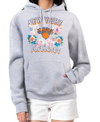 Women's Heather Gray New York Knicks Flowers Team Logo Graphic Fleece Pullover Hoodie