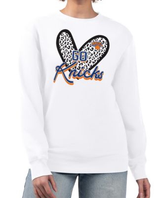 Women's White New York Knicks Leopard Heart Fleece Pullover Sweatshirt