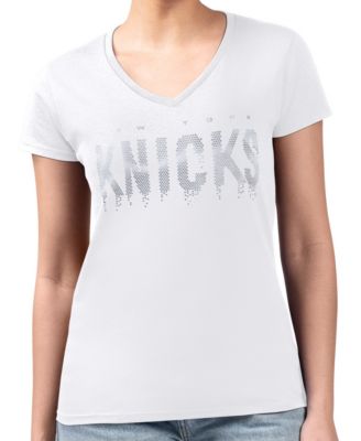 Women's White New York Knicks Super-Slim-Fit Metallic Drop Lightweight V-Neck T-Shirt