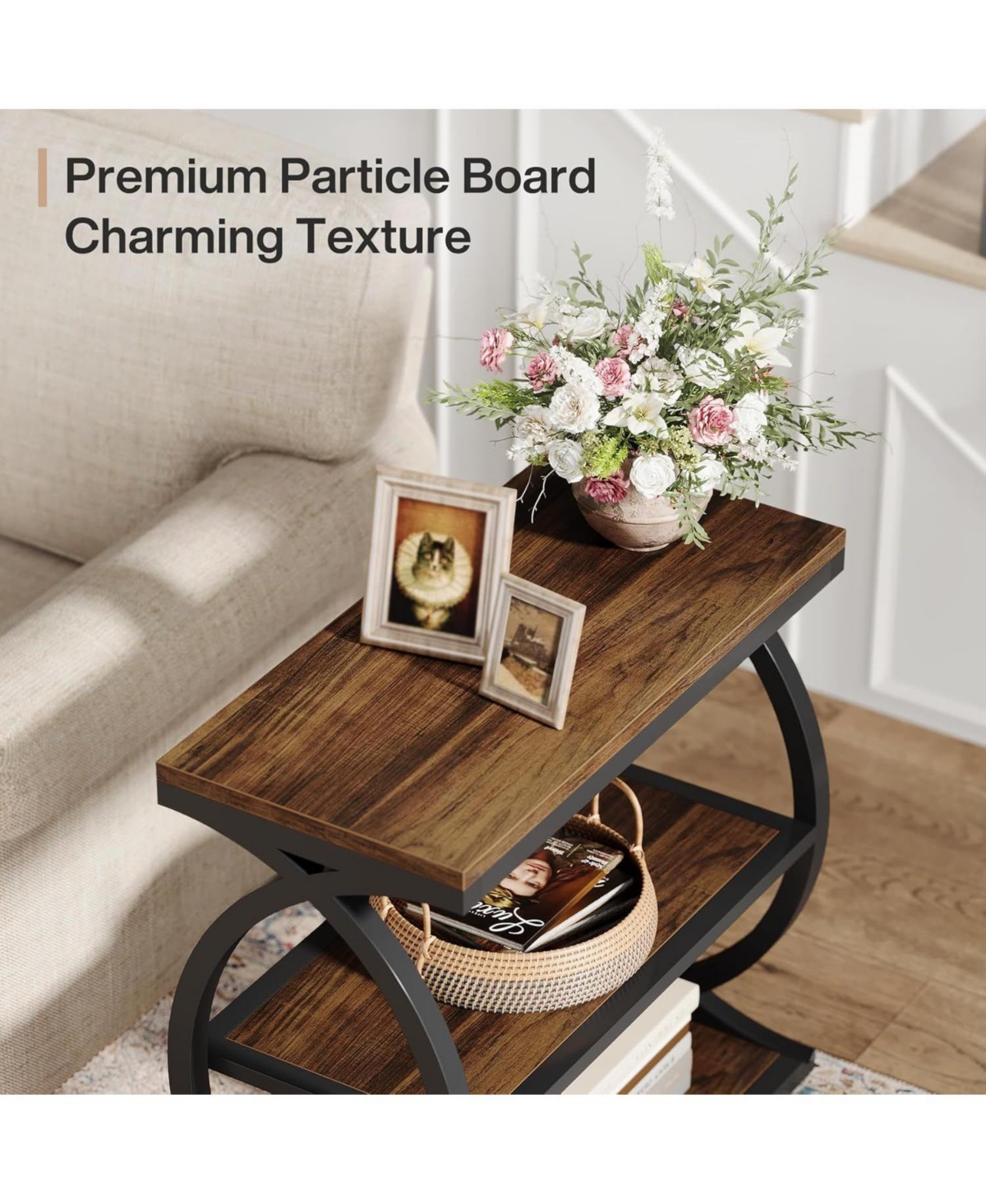 Slickblue Narrow Side Table with 3 Storage Shelves and Metal Frame
