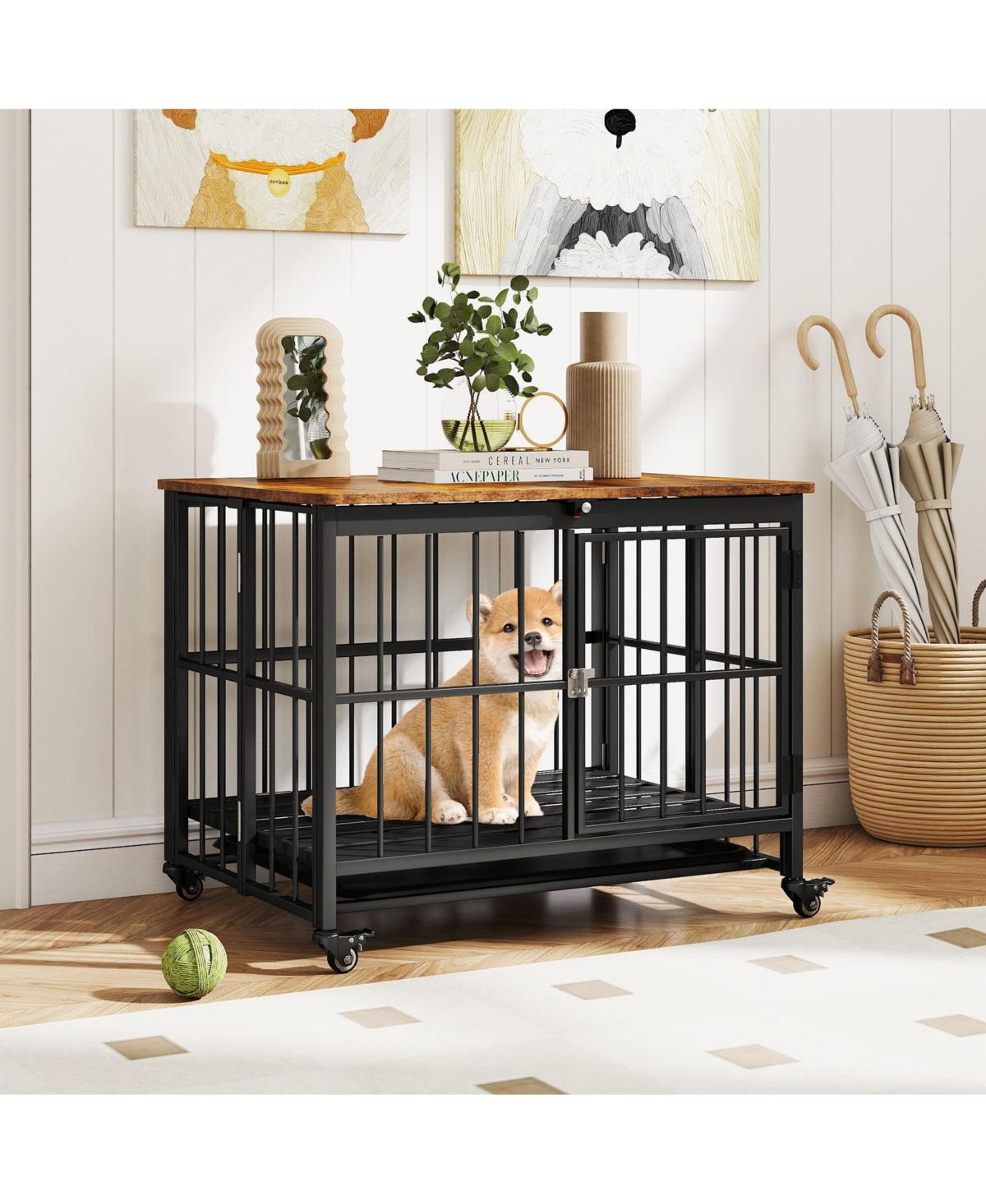 Cozito Foldable Dog Crate Furniture with Removable Tray and Lockable Door