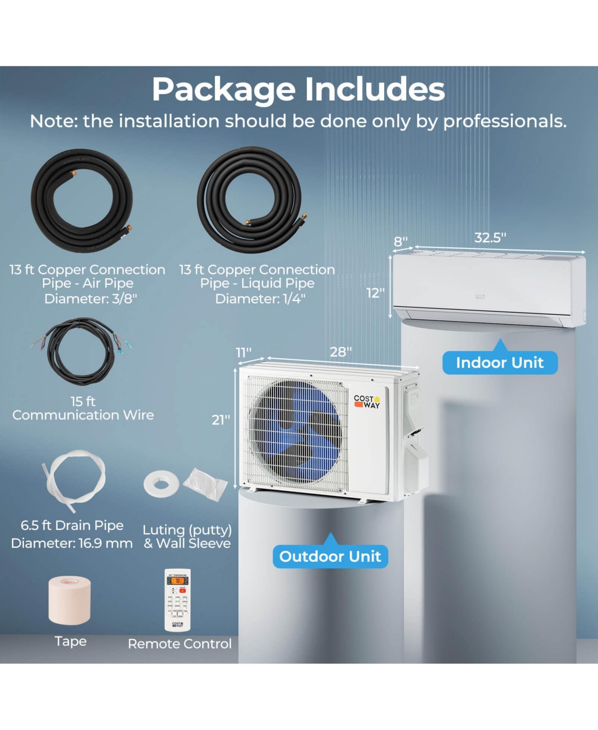 Costway 12000 Btu 230 V Mini Split Air Conditioner and Heater with 1 Ton Heat Pump Installation Kit