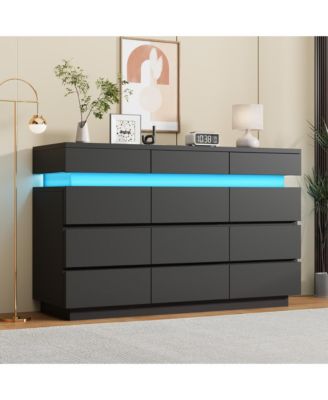 59" 12 Drawer Dresser with LED Lights, Wooden Storage Cabinet, Handle-Free, Anti-Tipping, for Bedroom