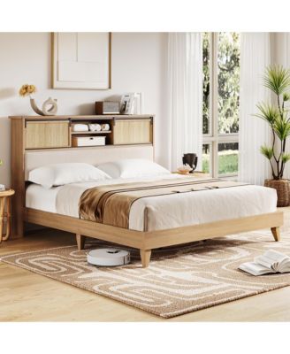 Rattan Bed Frame with Shelves, Boho Bed Frame with Shelf Headboard Sliding Door, Wood Foundation with Silent Slats, No Box Spring Needed