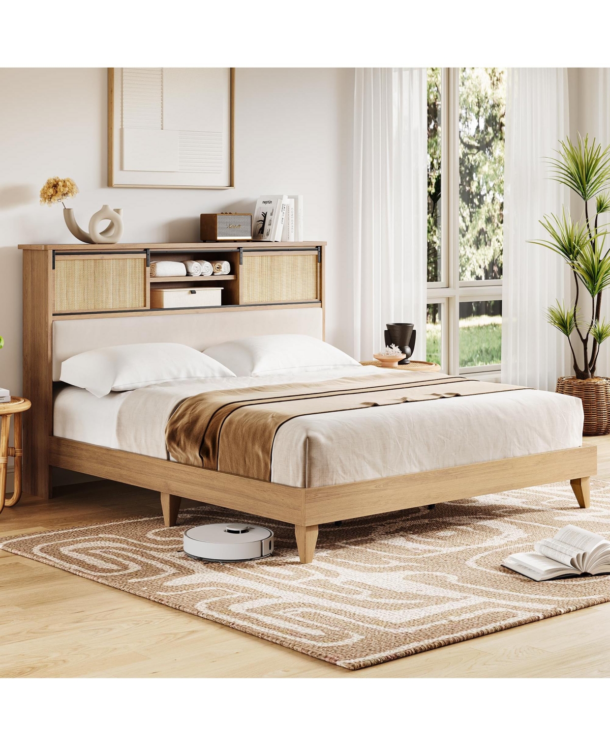 homfan Rattan Bed Frame with Shelves, Boho Bed Frame with Shelf Headboard Sliding Door, Wood Foundation with Silent Slats
