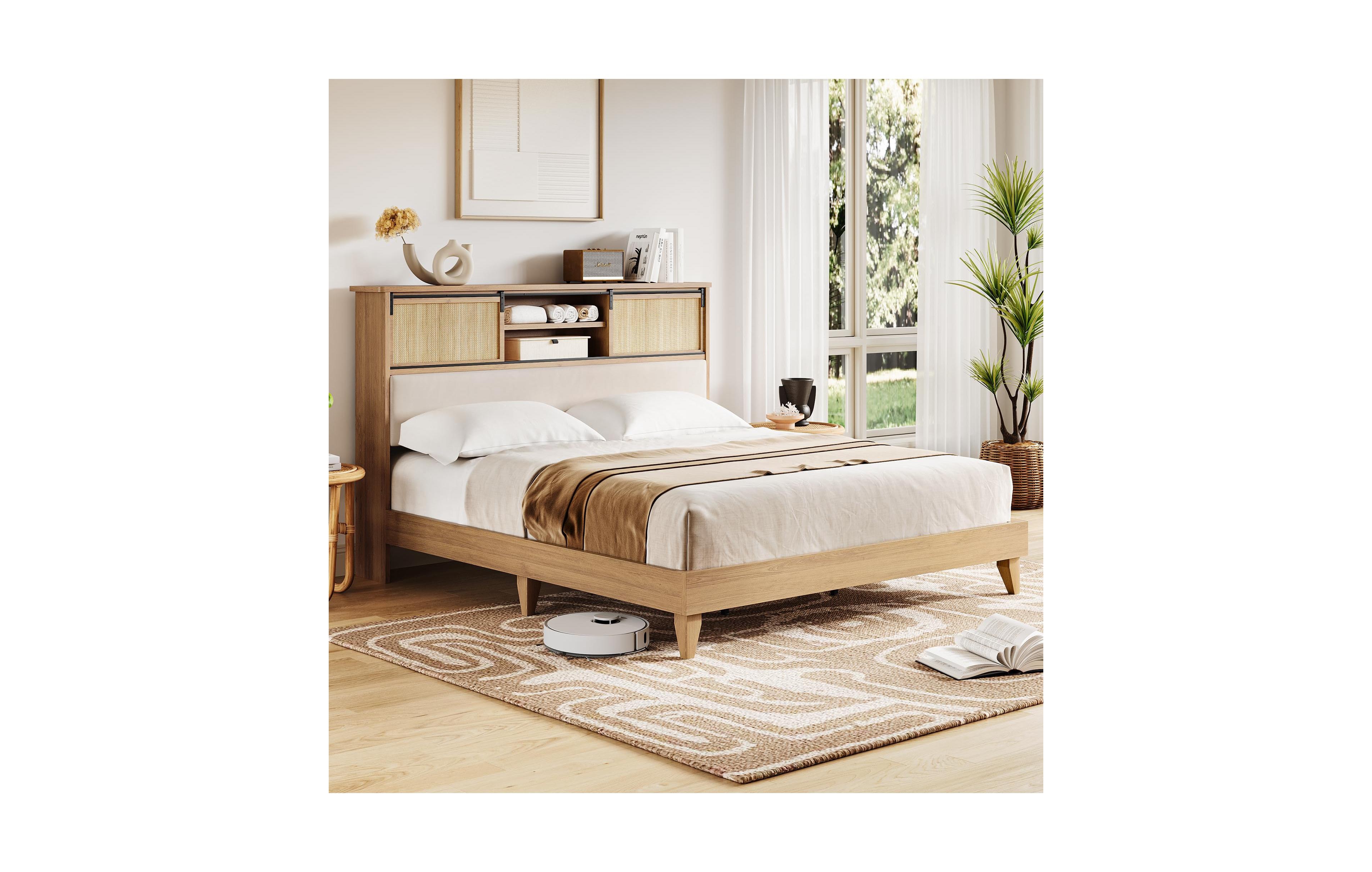 homfan Rattan Bed Frame with Shelves, Boho Bed Frame with Shelf Headboard Sliding Door, Wood Foundation with Silent Slats