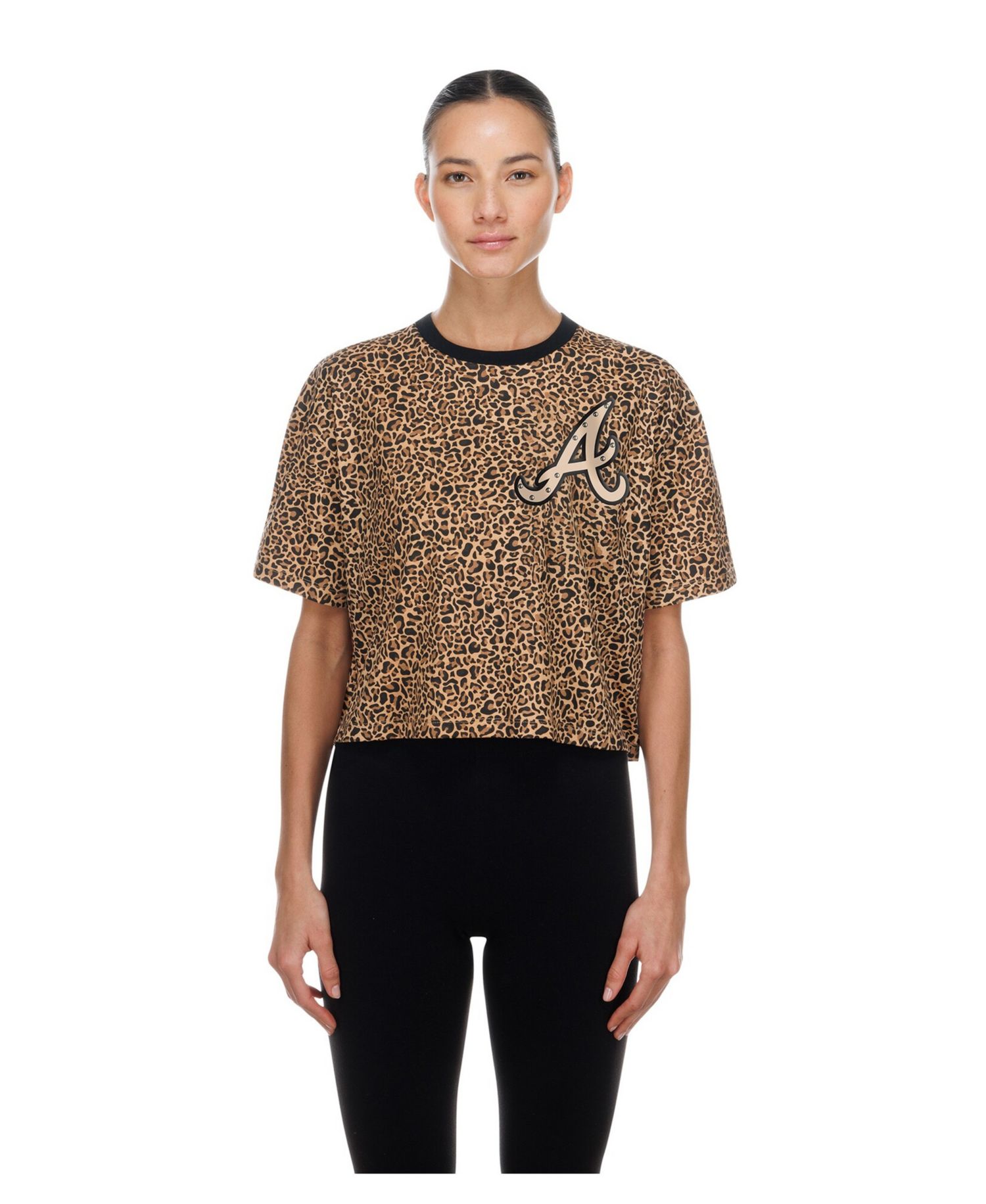 Women's Brown Atlanta Braves Leopard Boxy Cropped T-Shirt