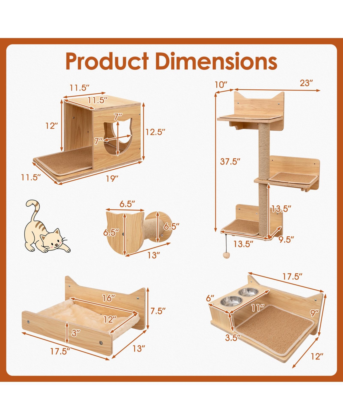 Cozito 6 Piece Cat Wall Furniture Set with Wall Mounted Shelves and Bowls