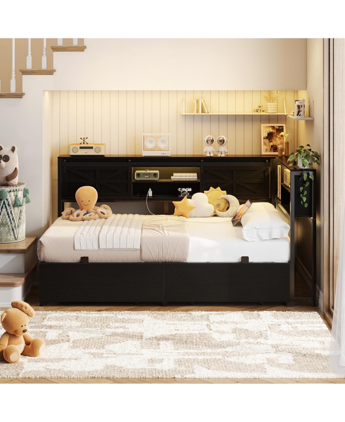 Aheaplus Bookcase Daybed with Wood Drawer, Corner Bed Frame Sliding Door